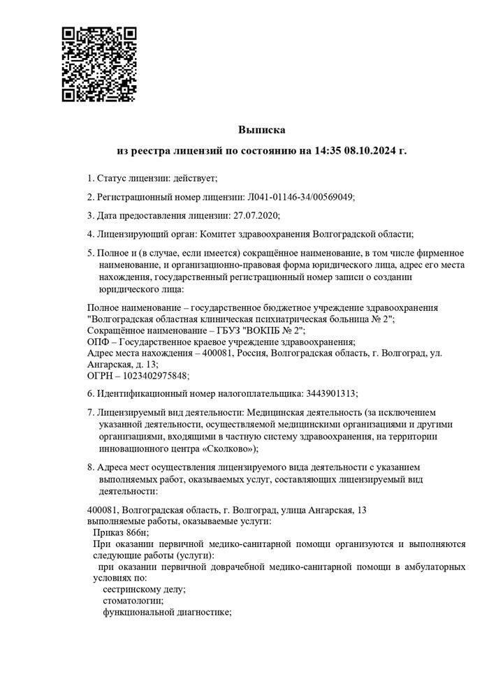 Лицензия Волгоградской областной клинической психиатрической больницы №2 - официальное подтверждение квалификации